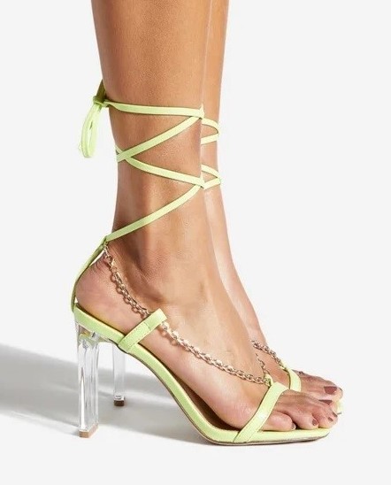 Kazue by SHOEDAZZLE Sharp green faux leather 4.25″ lucite heel sandals, SZ 6.5