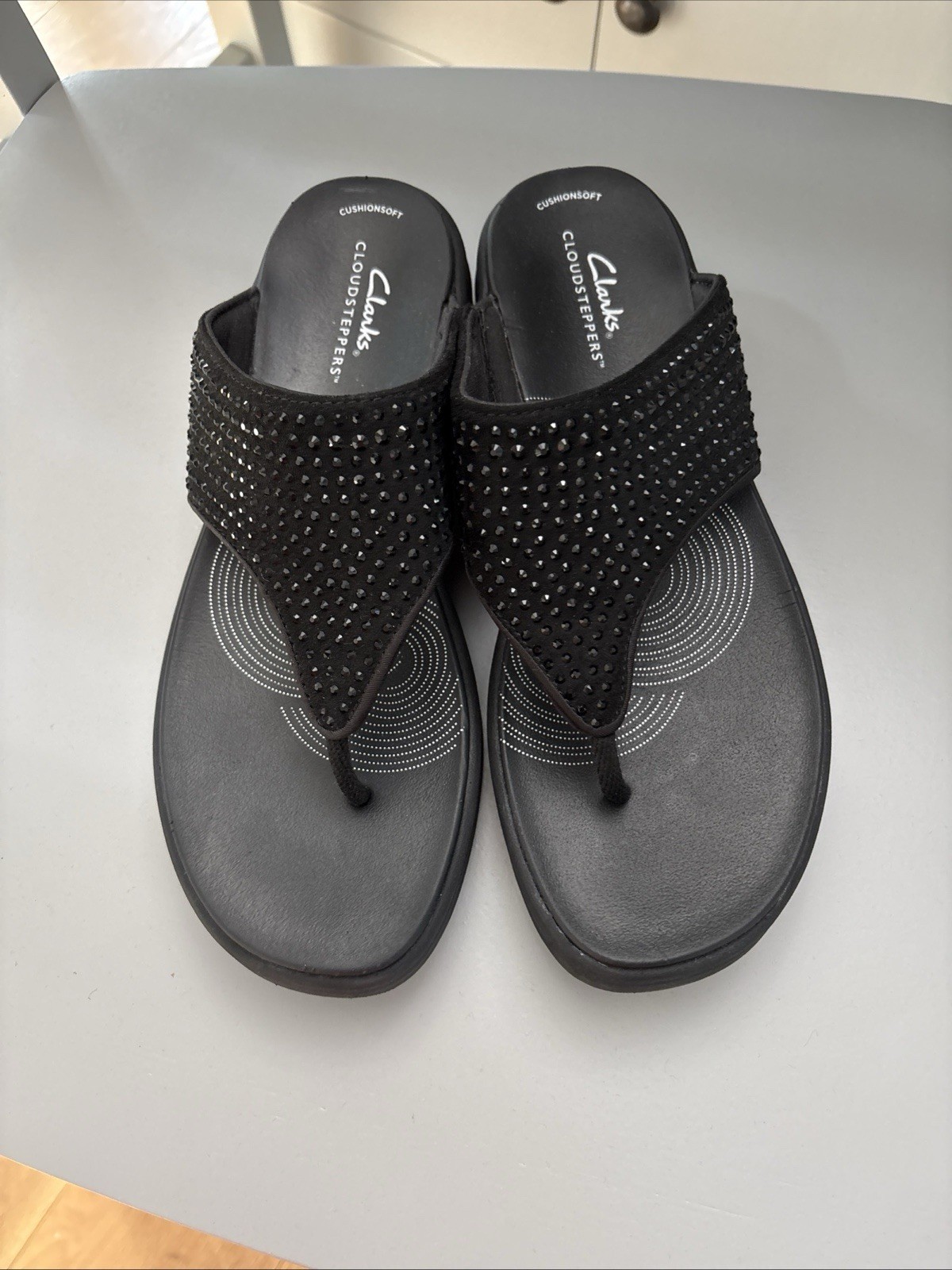 Clarks Drift Jaunt Cloud Steppers Sandals Rhinestone Thong Platform Black 8