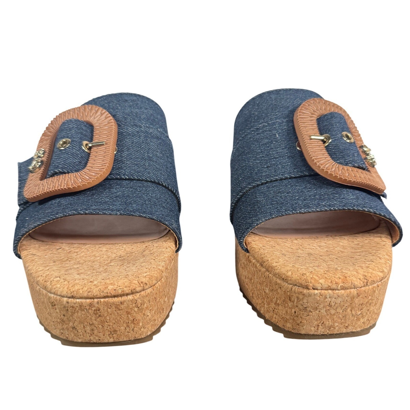 Sam & Libby Denim Cork Platform Wedge Slide Sandals Blue Buckle Size 8.5