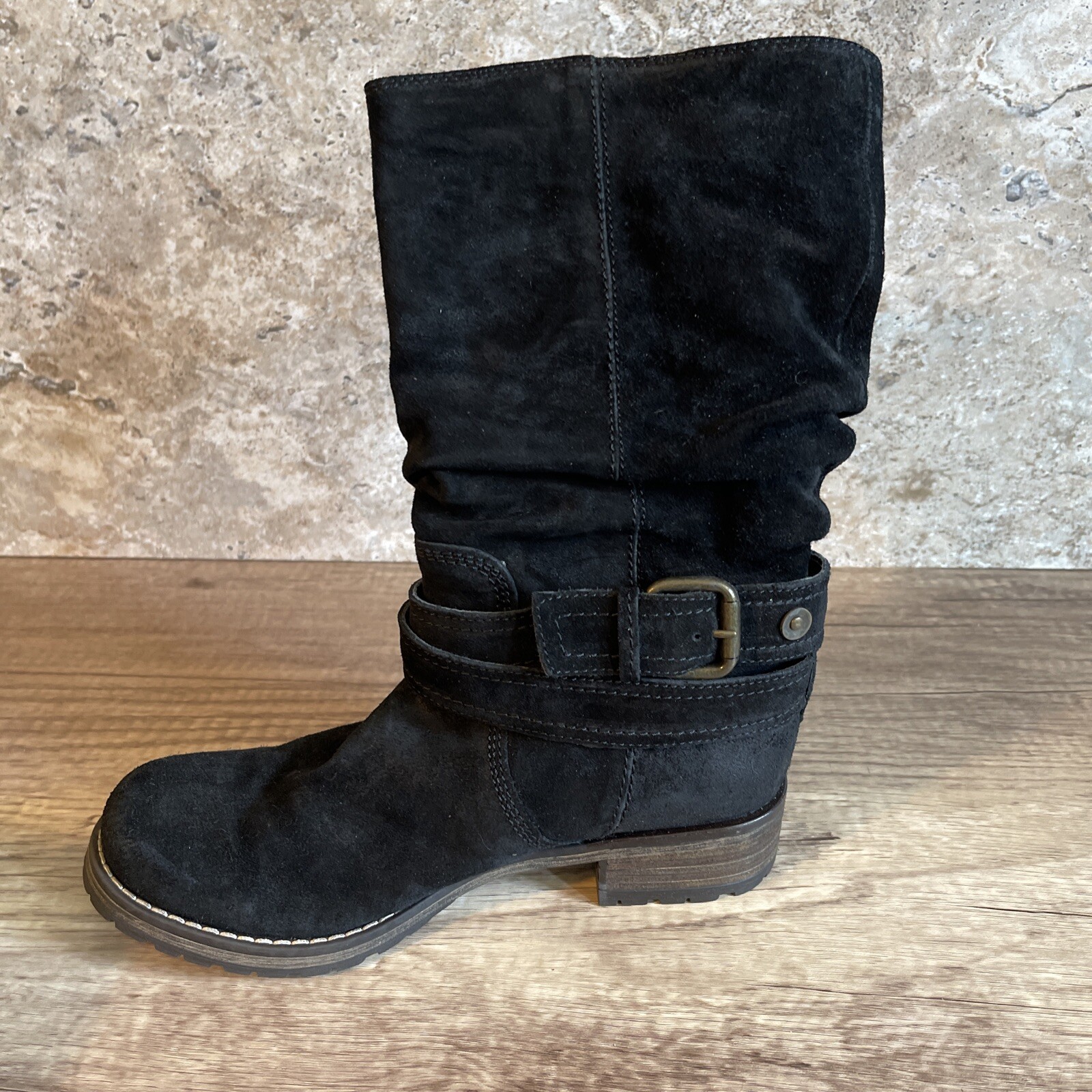 Clarks Women’s Majorca Villa Boots Size 6.5 Slouch Pull On Black Suede Biker