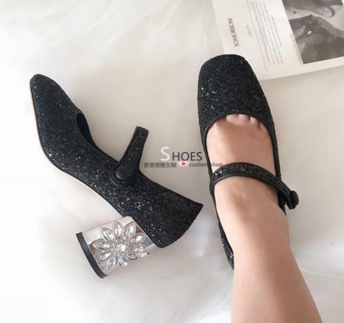 Womens Mary Jane Pumps Heels Shoes Sweet Rhinestone Sequins 6.5 Block Square Toe
