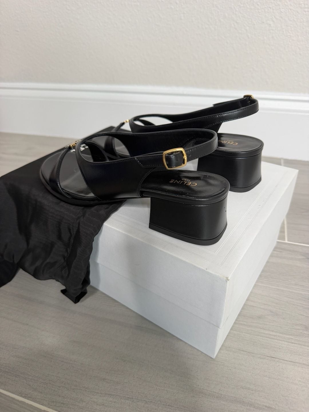 New CELINE Clémence Triomphe Slingback Sandals 40 Black Calfskin Leather