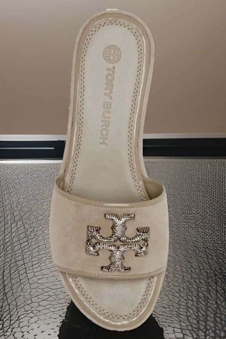 TORY BURCH ELEANOR SLIDE SANDAL CRYSTAL LOGO SUEDE GRAY HERON SZ US 8 NIB