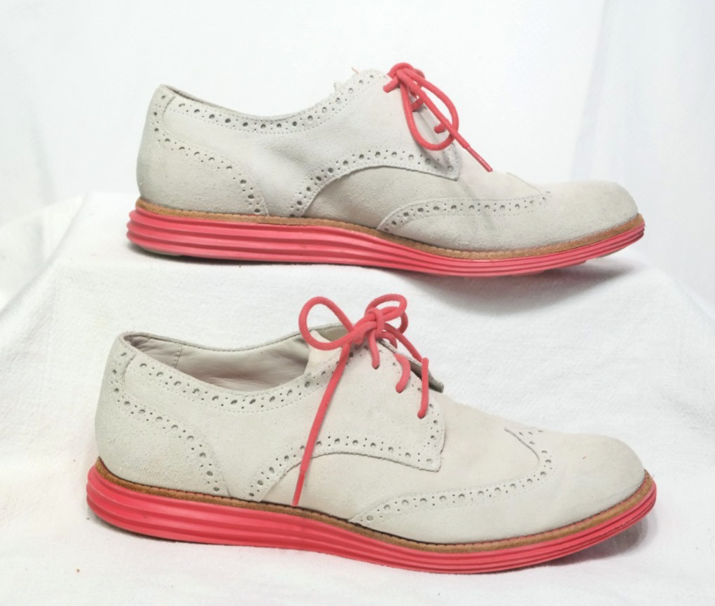 Cole Haan Lunargrand Wingtip Oxford Suede Shoes Womens 8B Gray Pink
