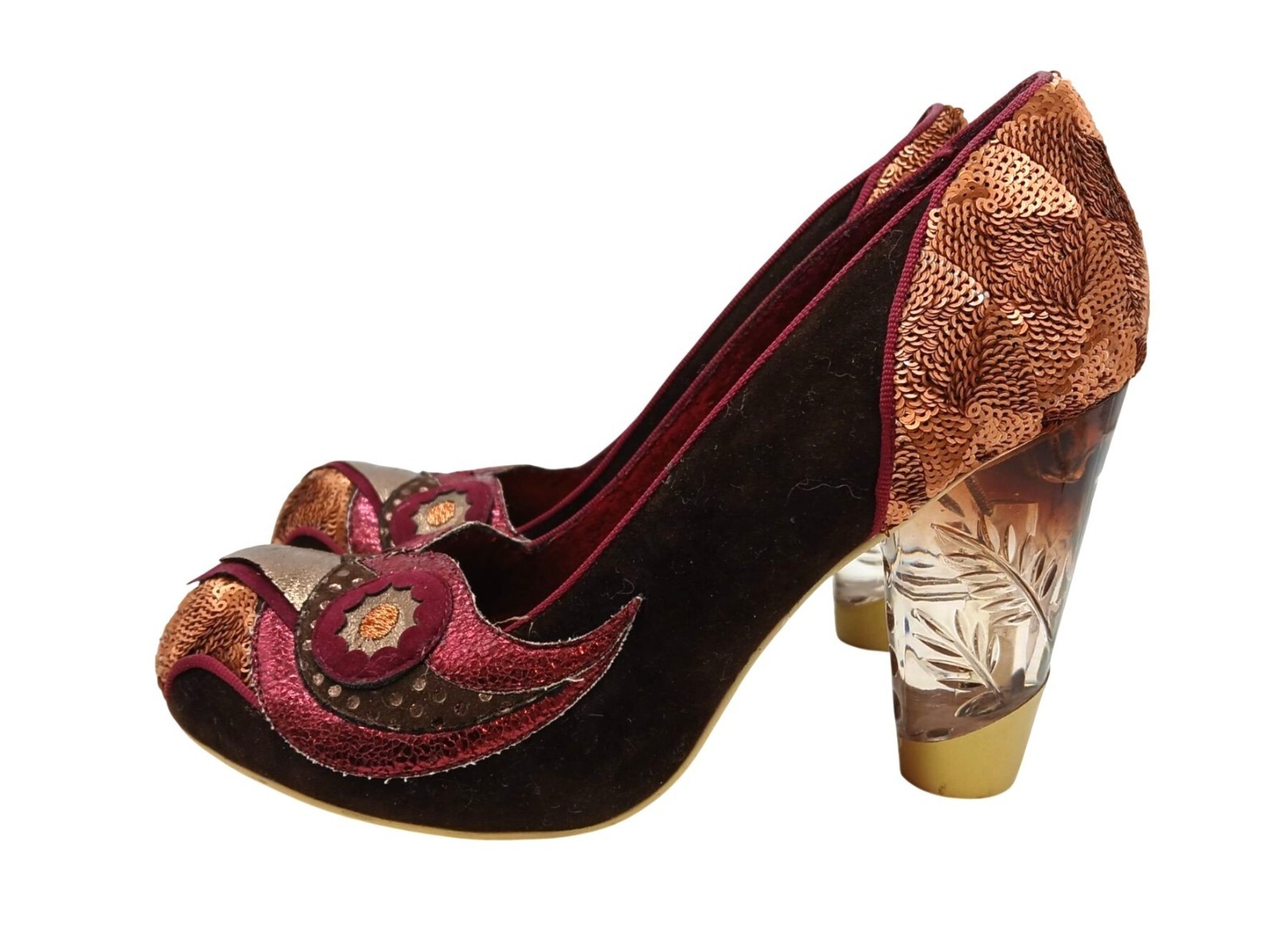 Irregular Choice Burgundy Gold Sequin Velvet Heels Acrylic Clear Heel Size 39 EU