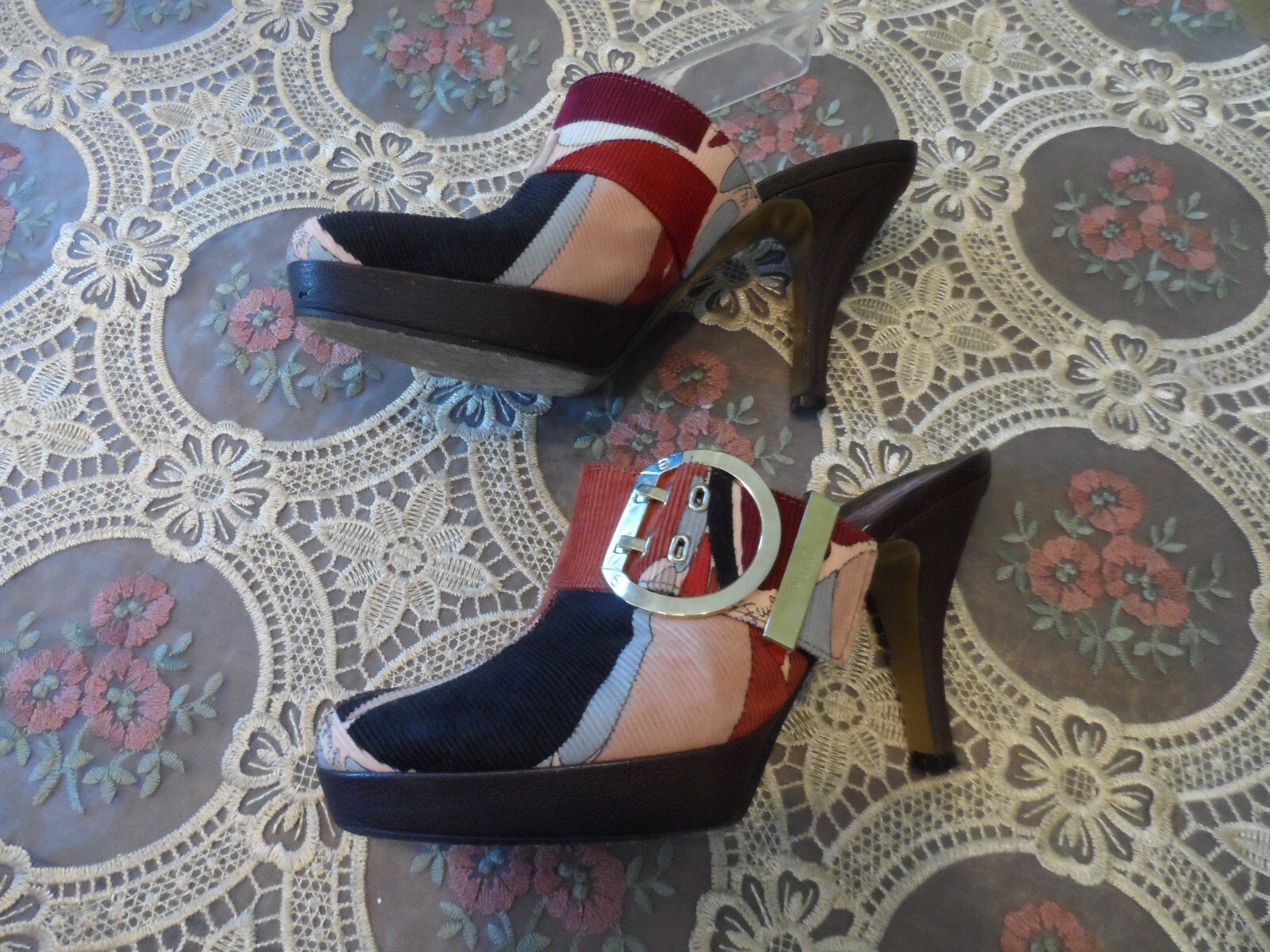 Emilio Pucci Brown Multi Color Corduroy Mules w/Gold LOGO Buckled Size 37.5B