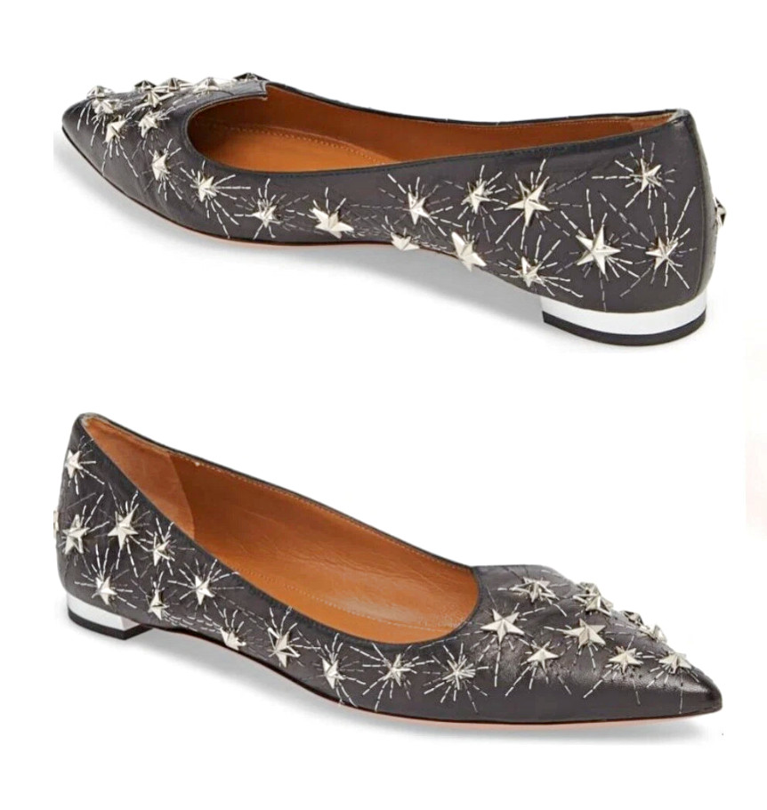 AQUAZZURA Cosmic Star Pointy Toe Flats in Black Silver sz US 6 – IT 36