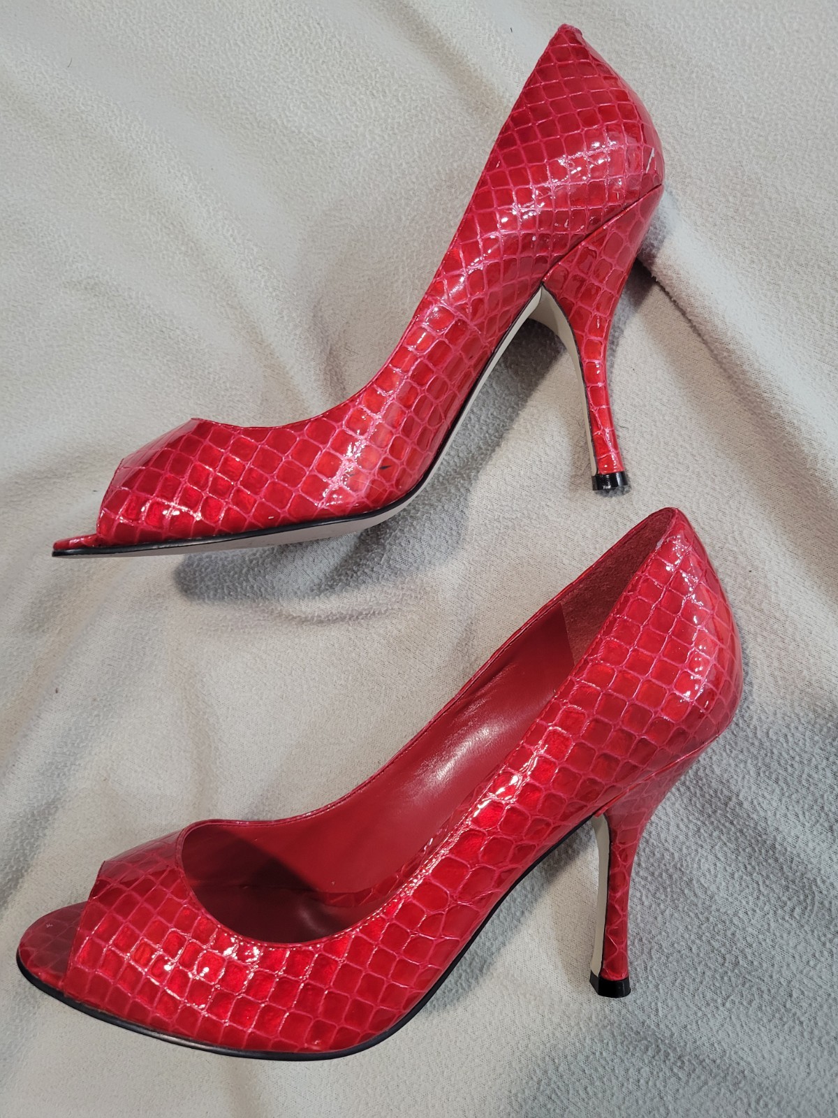 Enzo Angiolini Women’s Red Leather Reptile Open Toe Pump Stiletto US 7.5 M