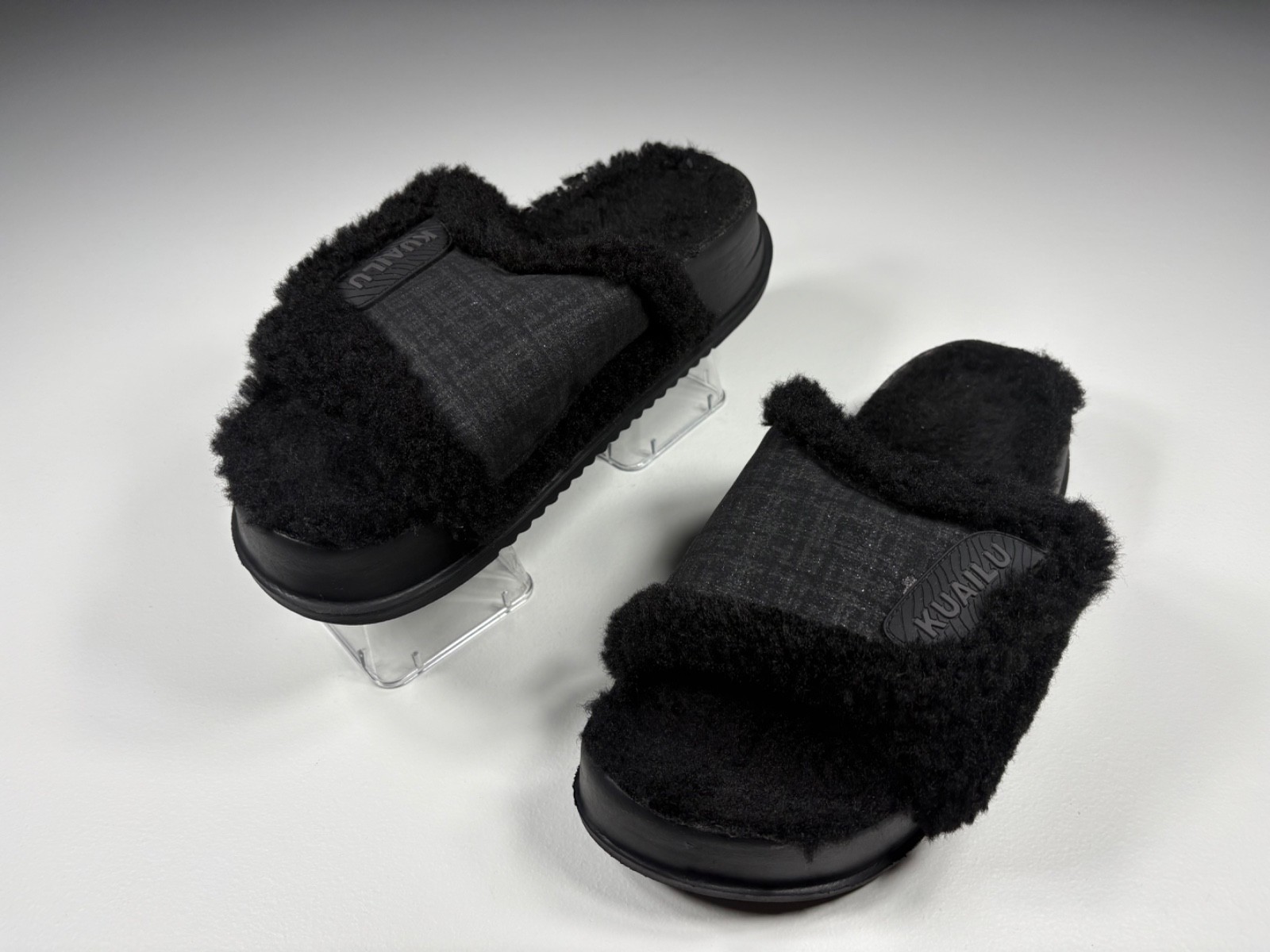 KuaiLu Slides Women 9 Black Platform Faux Fur Hook & Loop Cozy Casual Comfort
