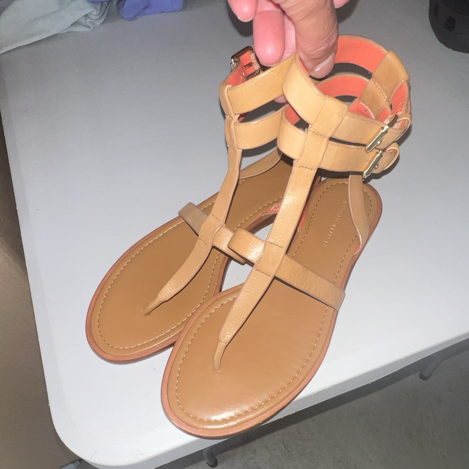 Banana Republic Tan/Orange Leather Strappy Thong Sandals 8M Buckle Ankle Strap