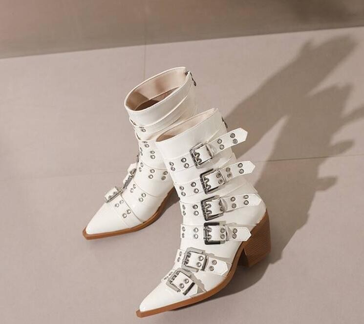 Women’s Pointed Toe Faux Leather Ankle Boots Punk Motor Casual Clubwear Shoes SZ