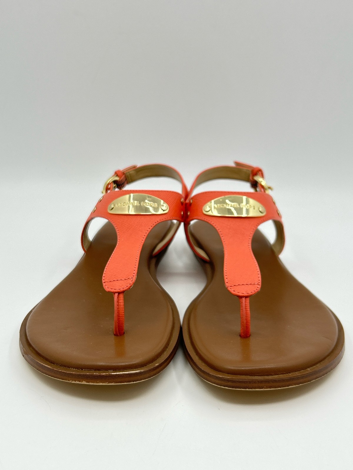 Michael Michael Kors MK Plate Thong Size 8M Leather Coral & Brown Women Sandal