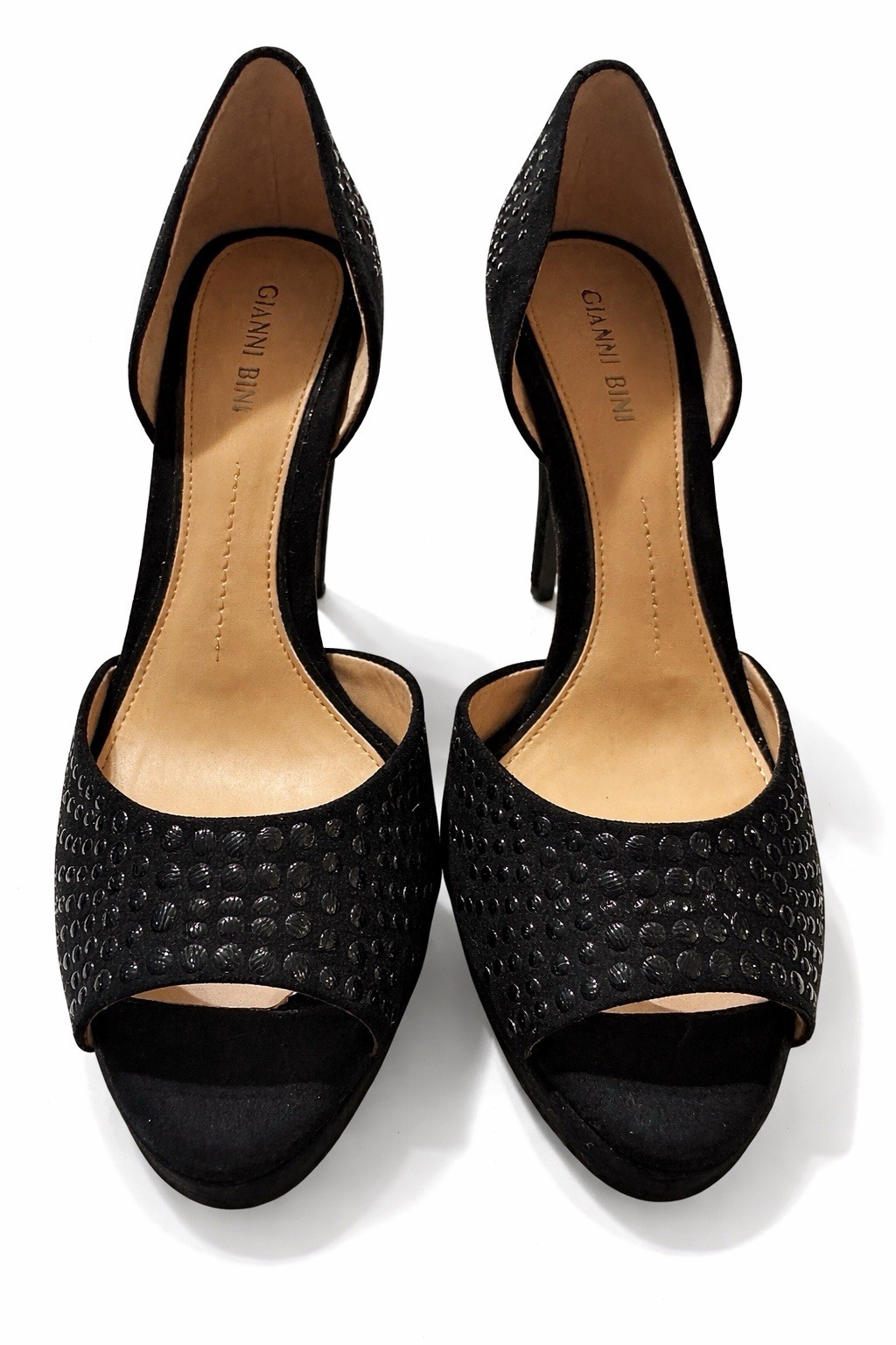 Gianni Bini Women’s Suede Peep Toe Platform Stiletto Heels Studded Black 8.5M