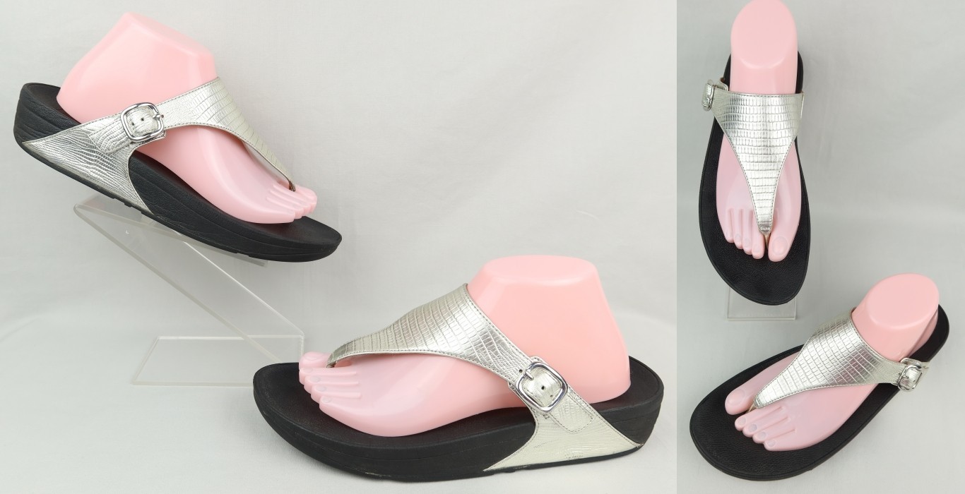 FitFlop The Skinny Thong Silver Reptile Print Sandals Size 10