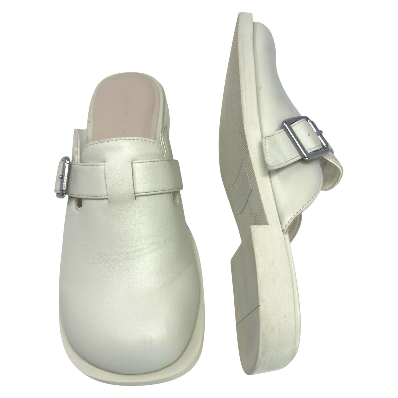 Charles & Keith Leather Mule Clogs Buckle Closed Toe W6 White Casual