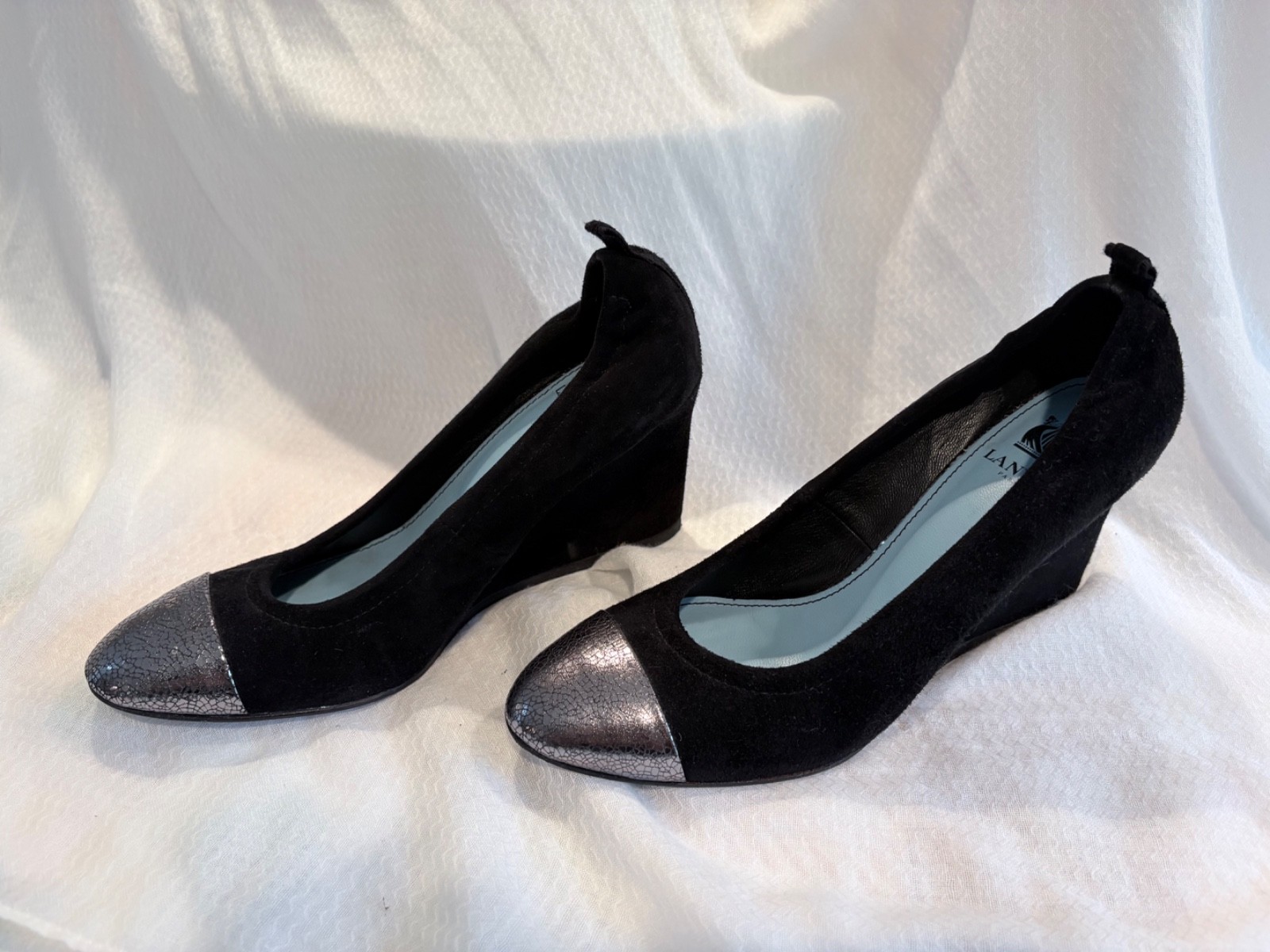 LANVIN Paris Suede & Metallic Cap-Toe Wedge Pumps | Size 38 | Black & Gunmetal S