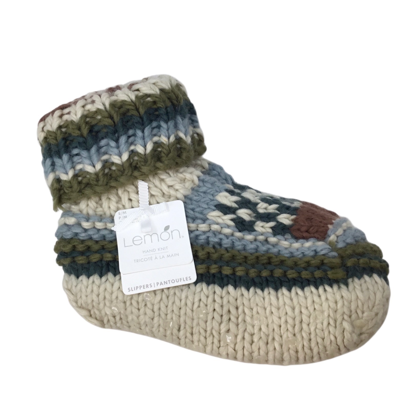 Lemon Hand Knit Slippers NWT Fair Isle Chunky Cuff Size S/M Fits 5-7 Gripper