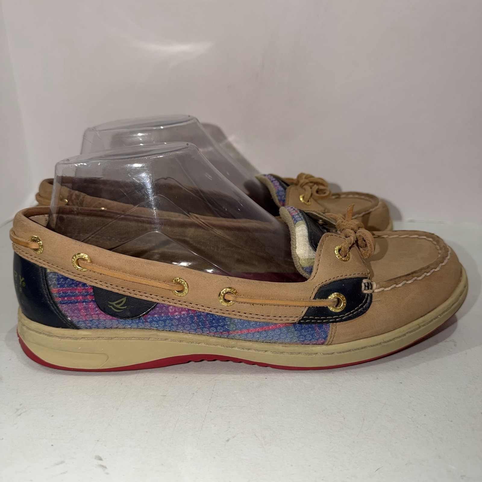SPERRY Top Sider Anglefish Beige Leather Multicolor Plaid Boat Shoes Size 8.5