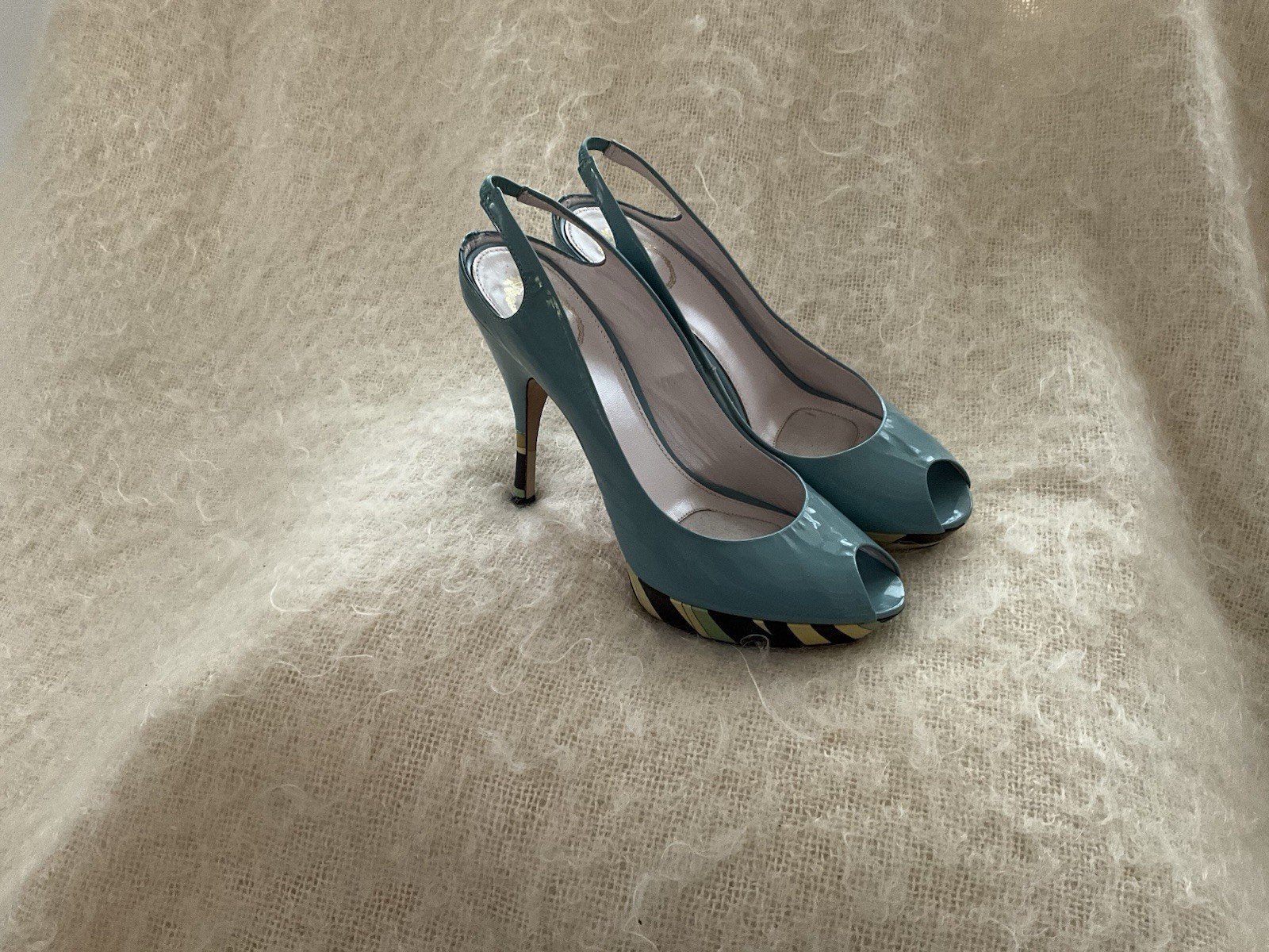 EMILIO PUCCI PEEP TOE LIGHT TEAL PATENT LEATHER PUMPS