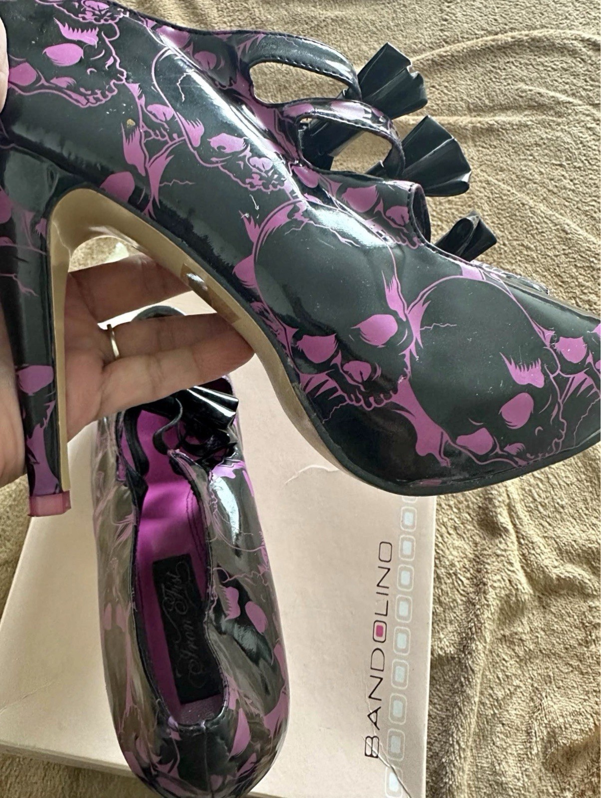 Iron fist Women’s Black Purple Skull Print Strappy Open Toe Stiletto Heels