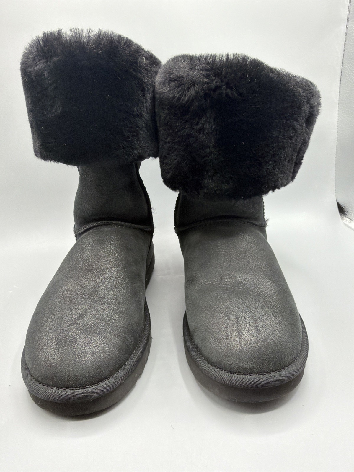 UGG Australia Tall Boots Womens 7 Snow Pull On Mid Calf Leather Black Fur