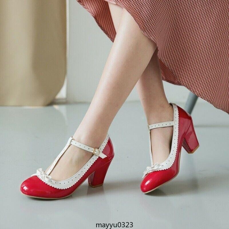Women’s Mary Jane T-strap Bowtie Dress Lolita Mid Block Heel Pump Shoes Oversize