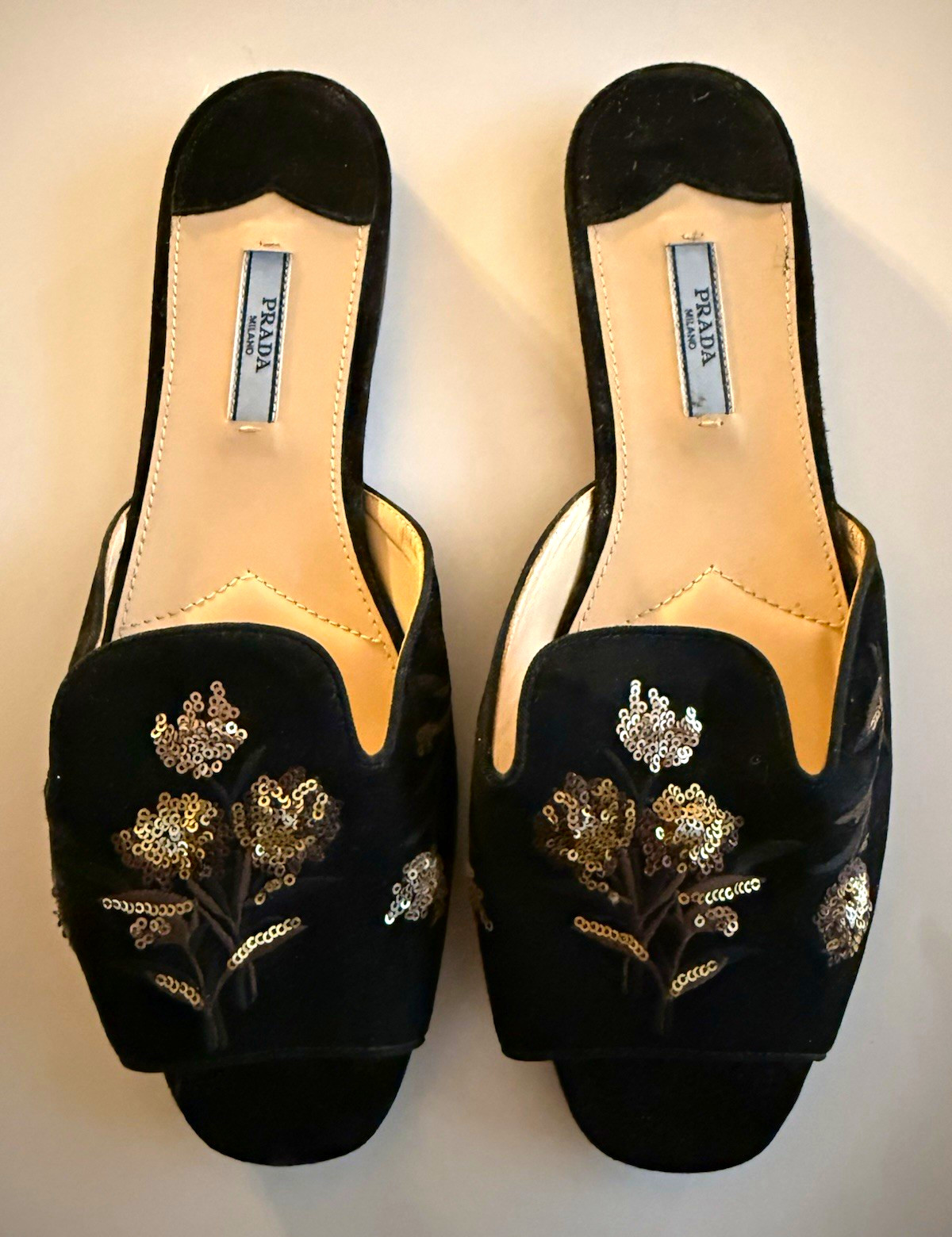 PRADA Womens Black Faux Suede Slide Sandals Floral Flower Sequined US 10