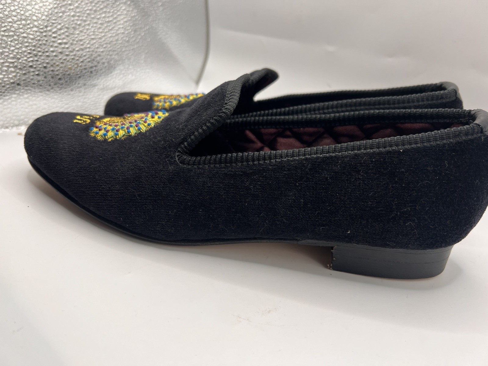 Crockett & Jones Black Embroidery Peacock Velvet Albert Slippers Women Sz 5.5/6