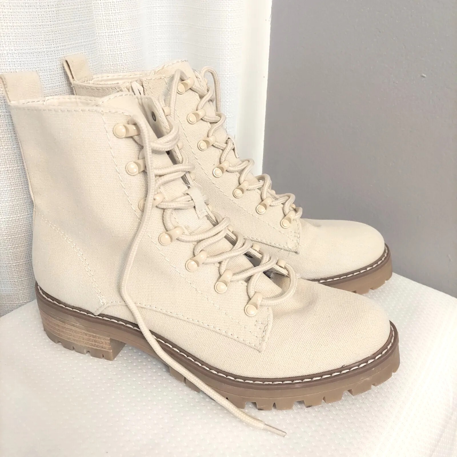 Parker Lace Up Combat Boots Sz 9.5 Brushed Denim Chunky Heel Festival Bohemian