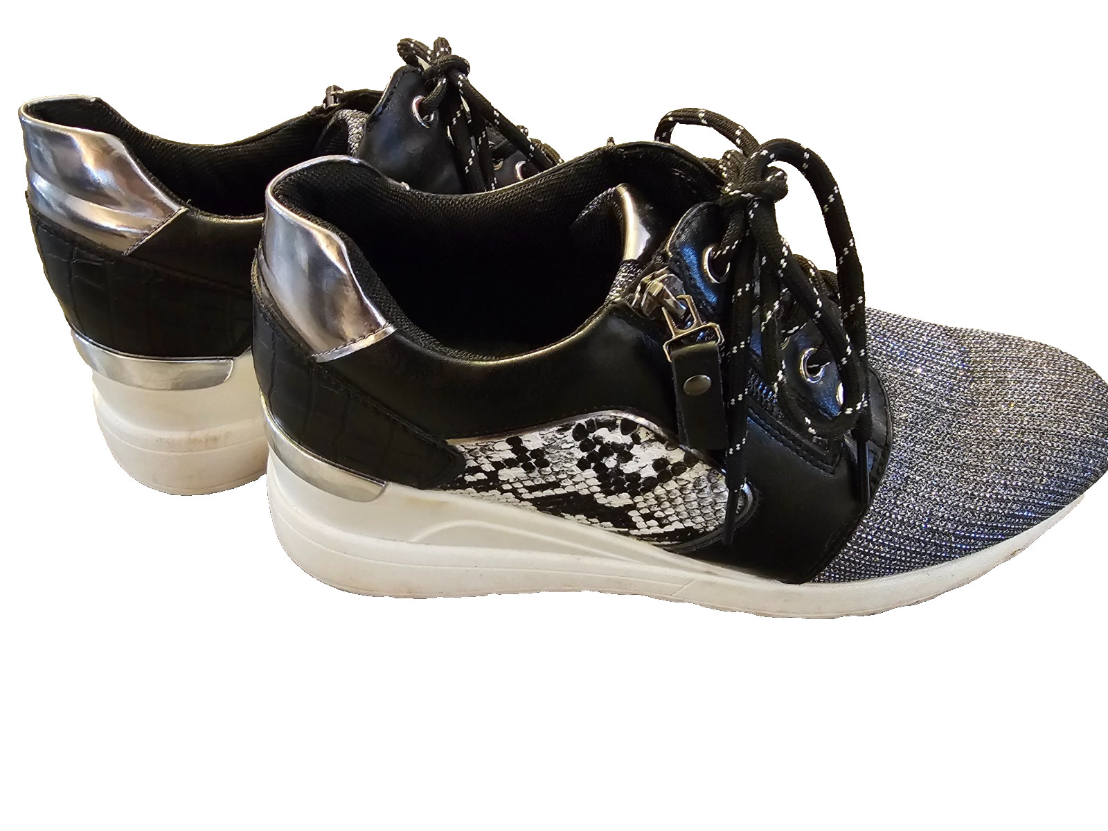Ninety Union Womens Ultra Black Silver Sparkle Wedge Shoes Size 10 Side Zipper