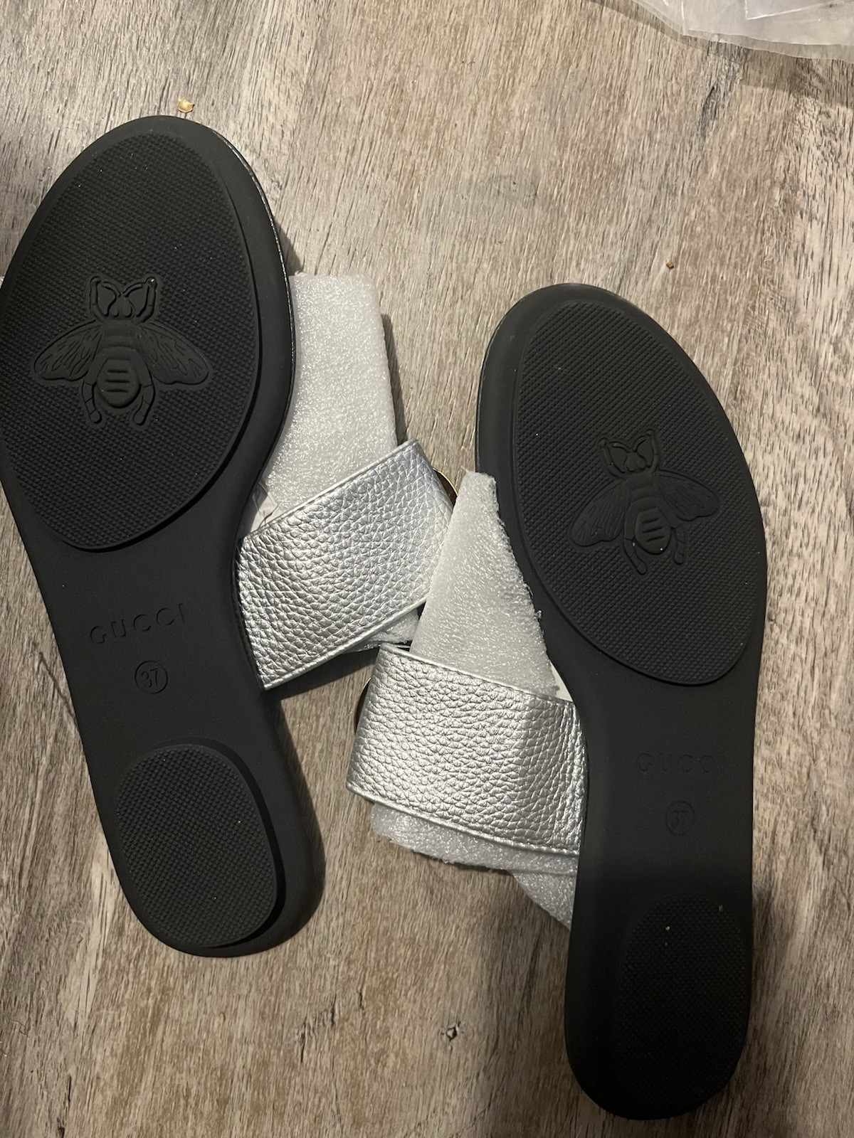 Gucci GG Marmont Logo Slide Sandals Women US 6.5 EU 37 Silver/Black Leather