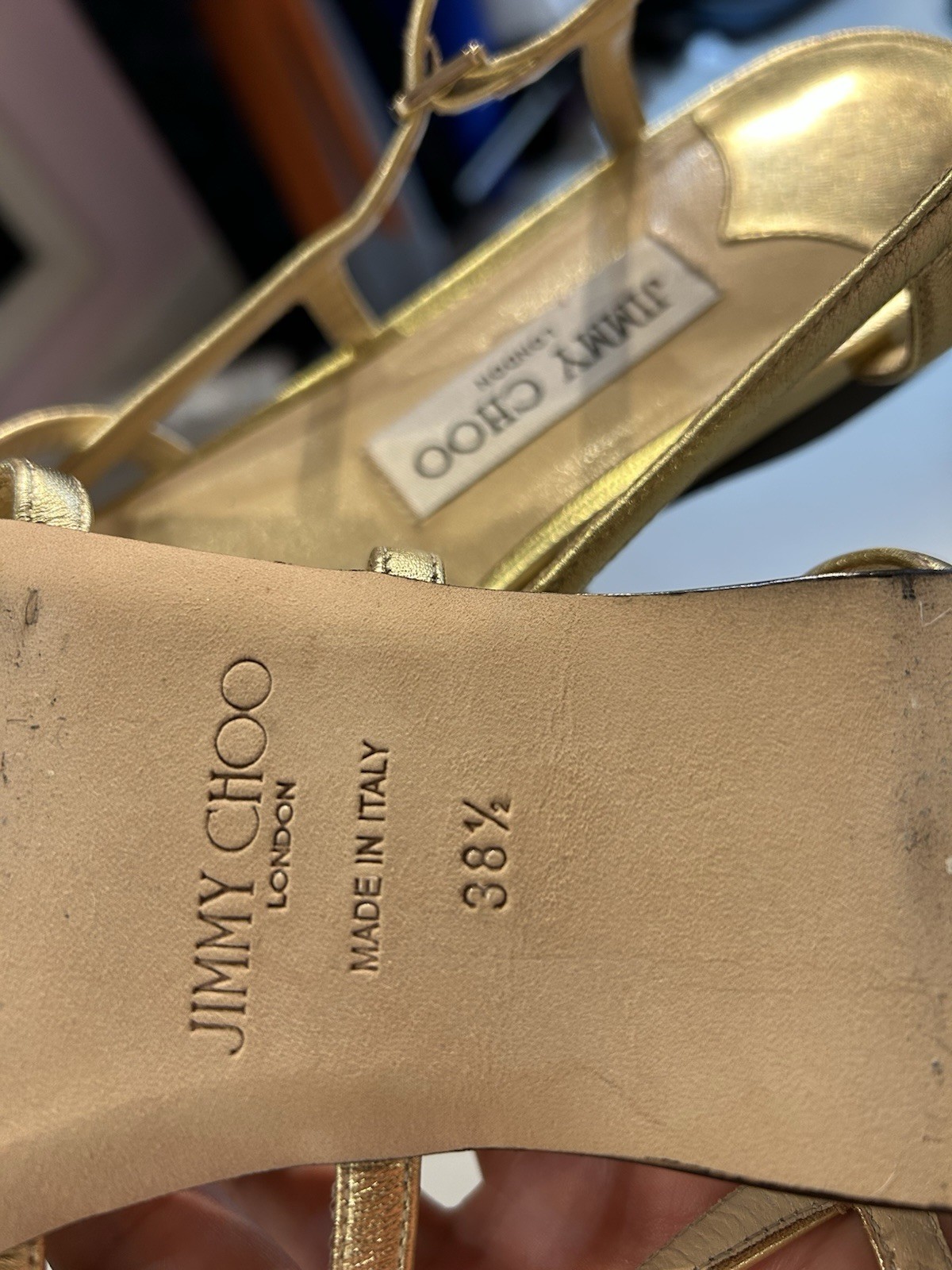 Jimmy Choo Women’s Gold Solid Strappy Buckle Ankle Strap Sandals EU 38.5