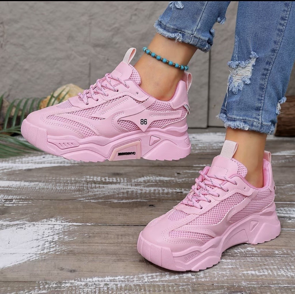 Women’s Pink Solid Mesh Low Top Athletic Sneakers Lace Up Casual Activewear