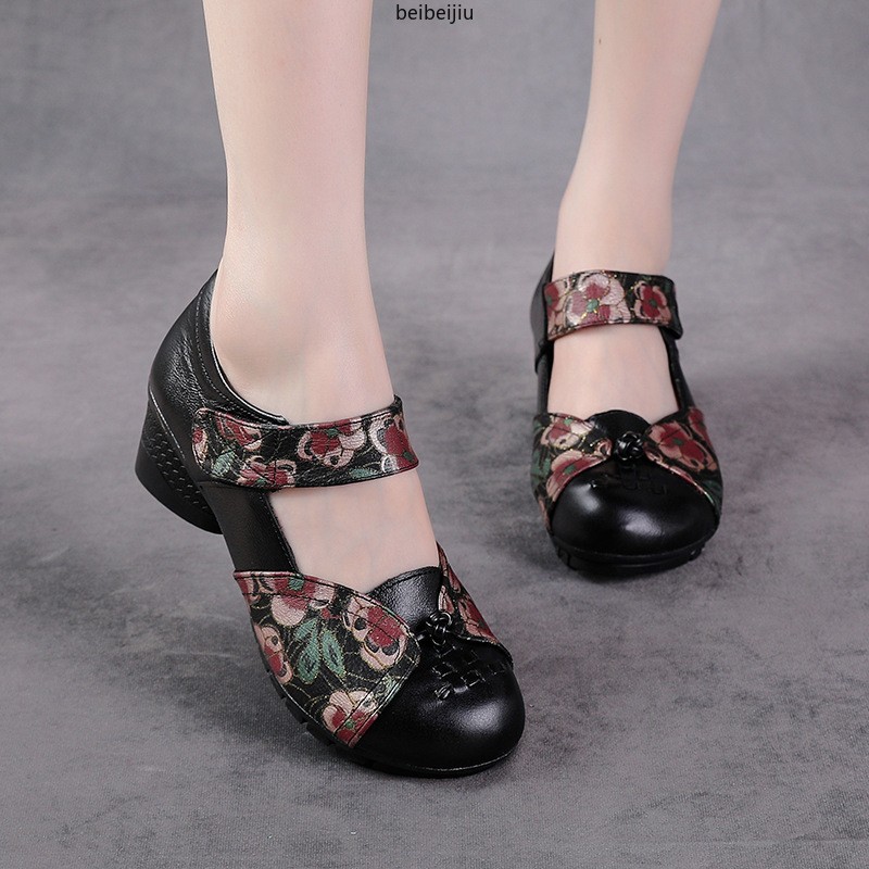 Women’s Low Heel Mary Janes Soft Leather Comfort Flower Shoes Ethnic Vintage Hot