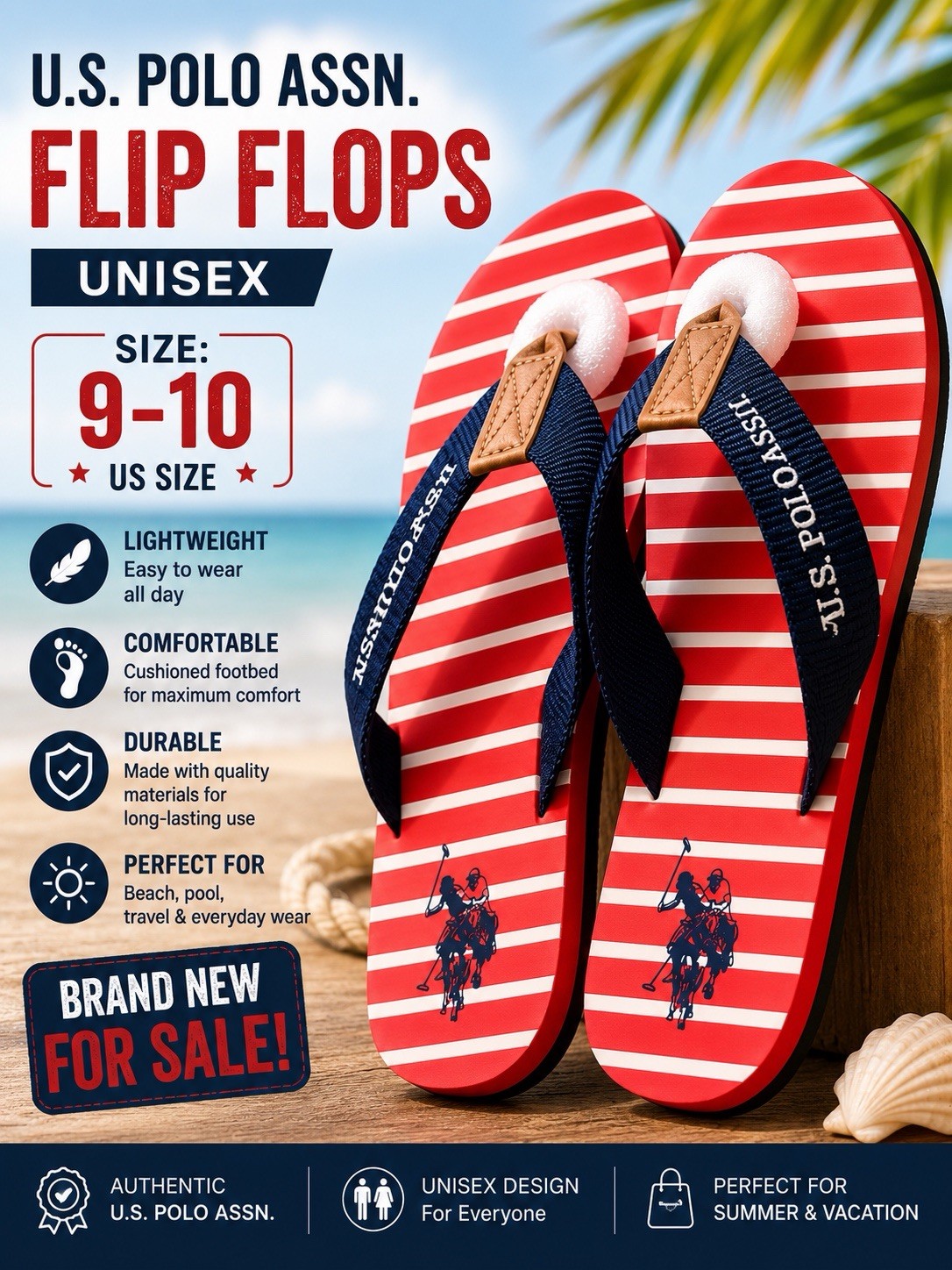 U.S. Polo Assn. Unisex Striped Cushioned Lightweight Flip Flops US 9-10