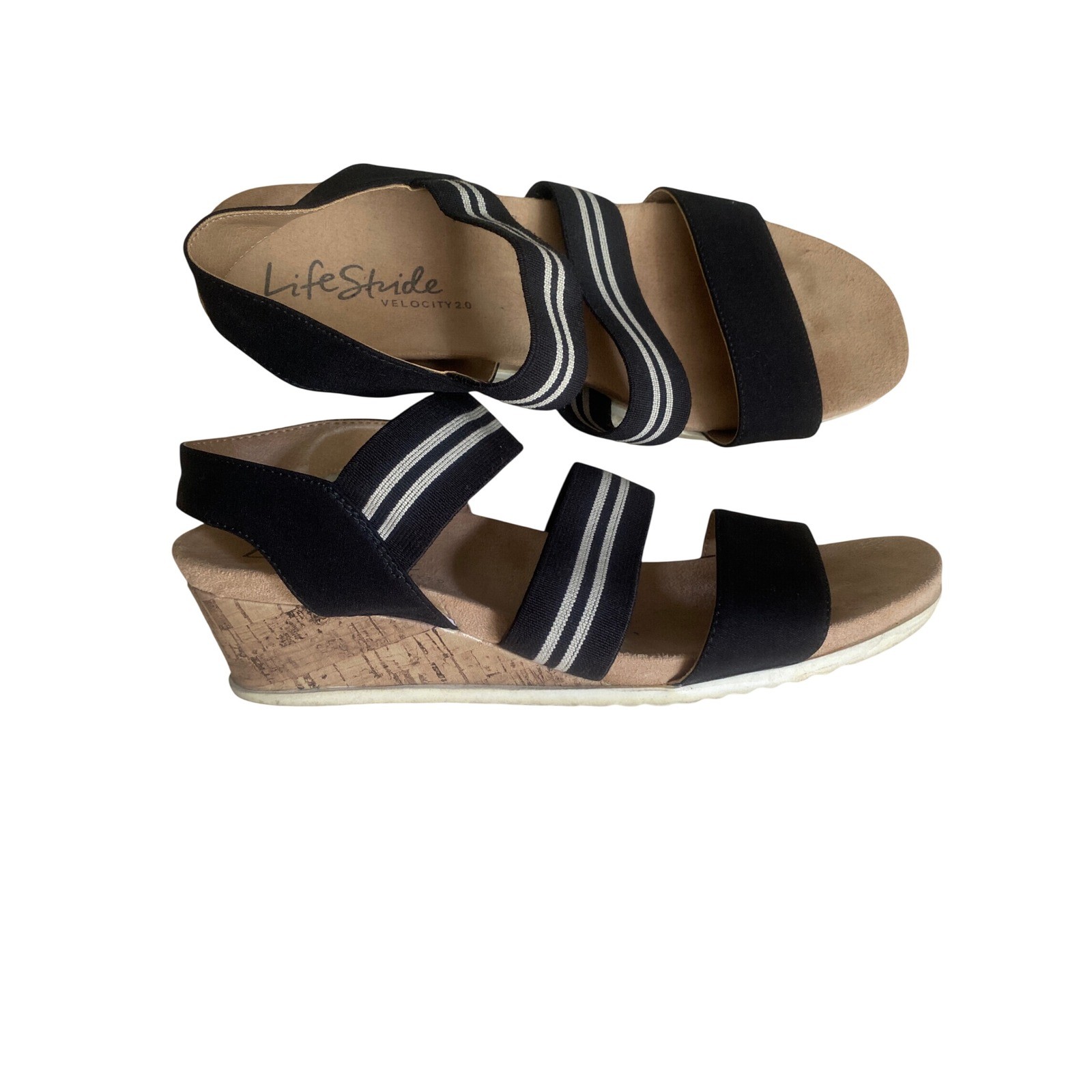 LifeStride Sunshine Black Striped Elastic Wedge Sandals Womens 9M Velocity 2.0