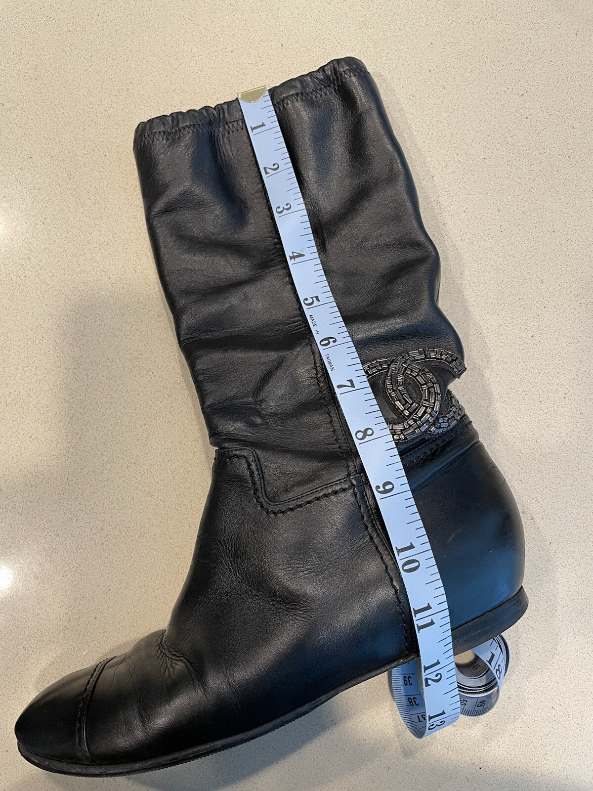 ❤️CHANEL Authentic Leather Boots 37 Beaded Crystal CC Logo Pull Up Booties Shoes