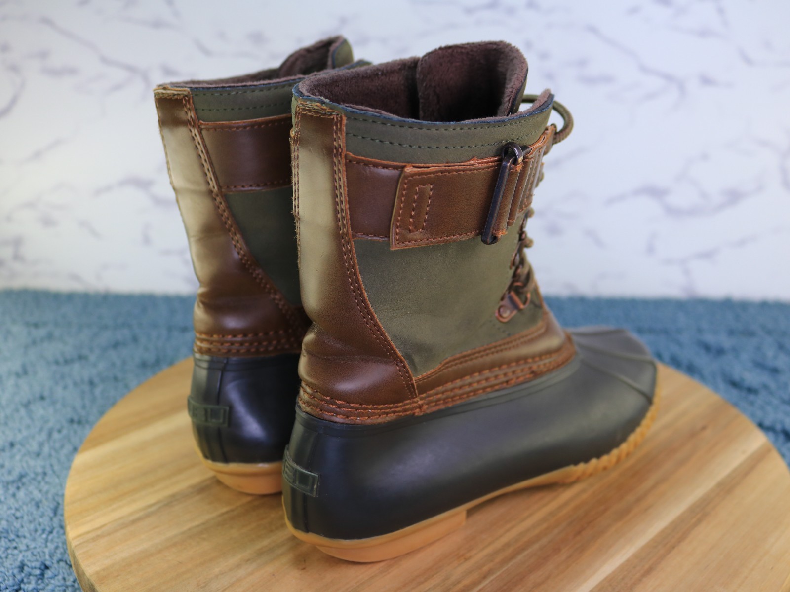JBU Calgary Brown Green Black Lace Up Mid Calf Duck Work Rain Boot Women Sz 6.5M