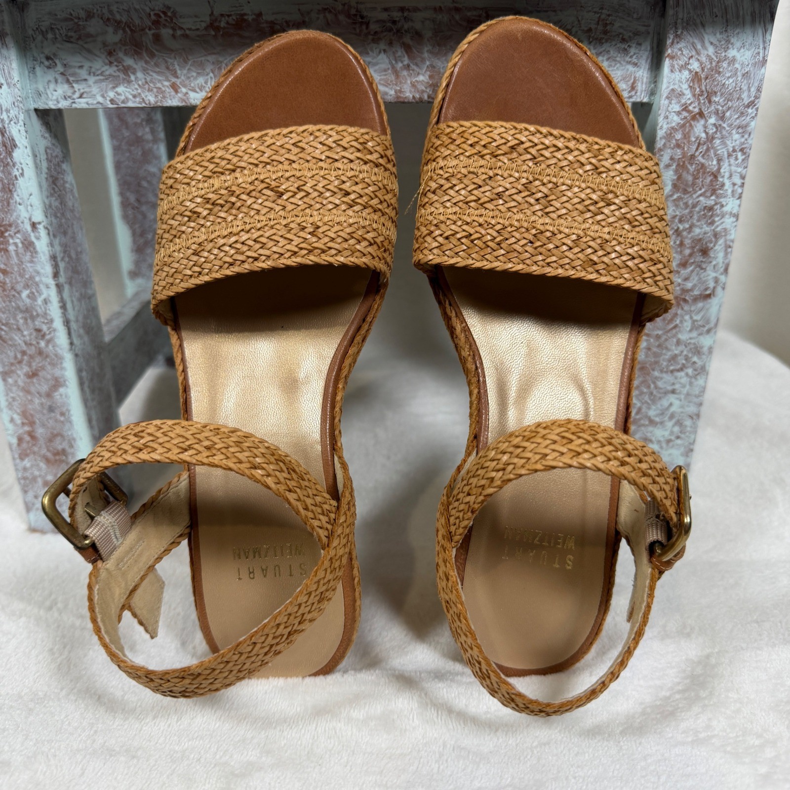 Stuart Weitzman Barbados Wedge Sandals Women 5.5 Tan Woven Platform Ankle Strap
