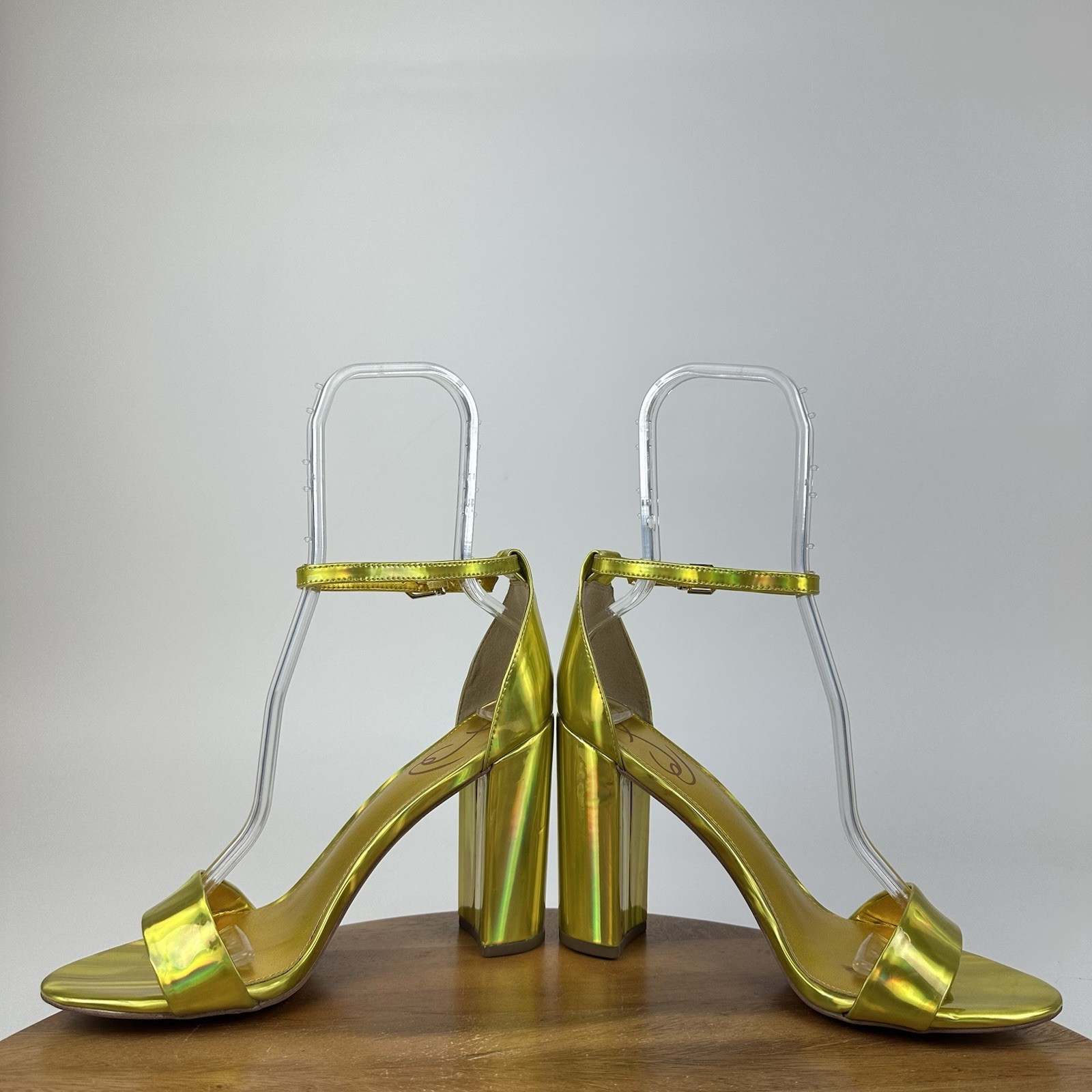 Womens Sam Edelman Yaro Gold Leather Block Open Toe Heeled Sandals Size 8.5 M
