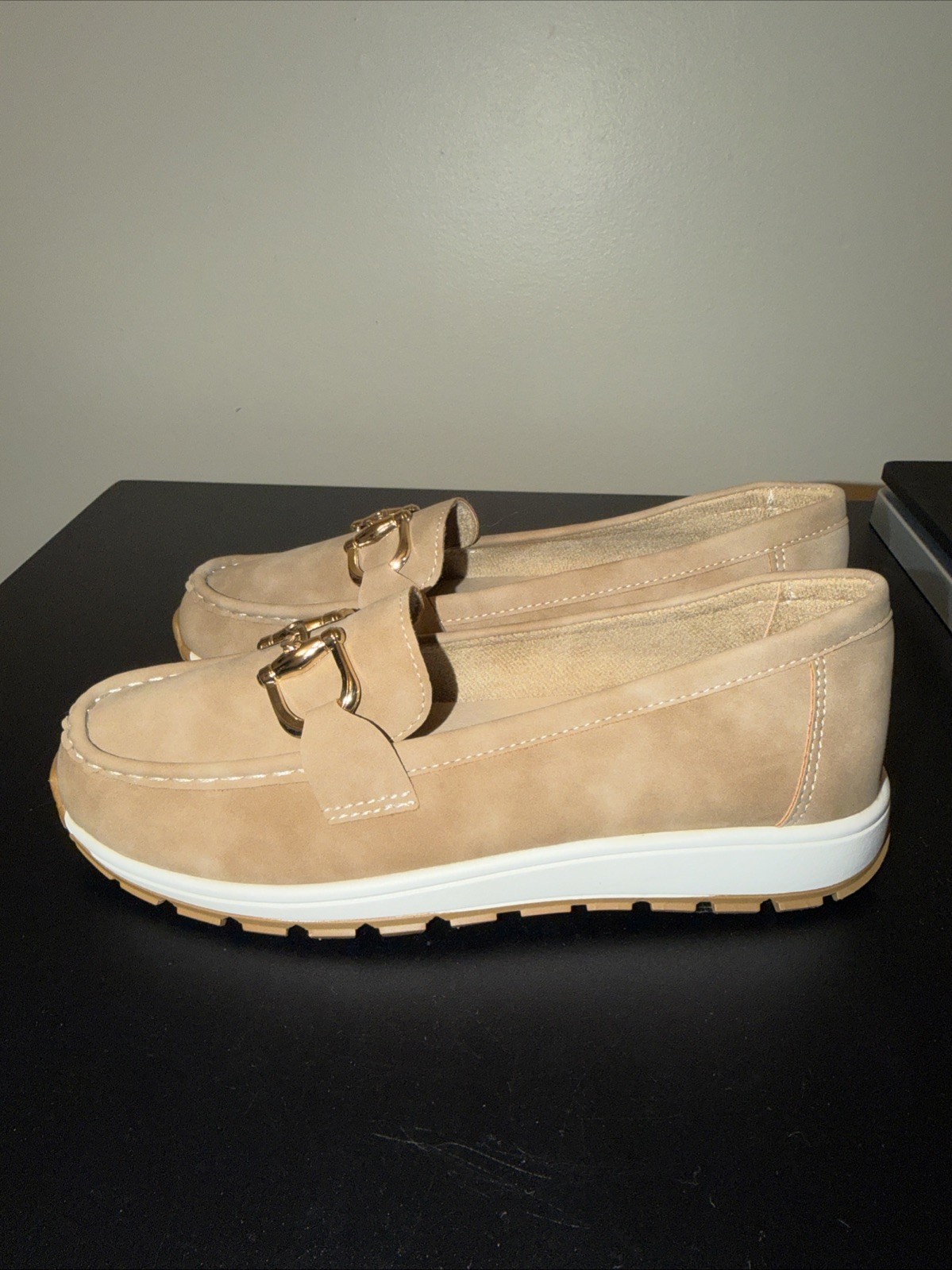Woman’s Tan And Gold Suede Slip Ons Size EU40/US 10