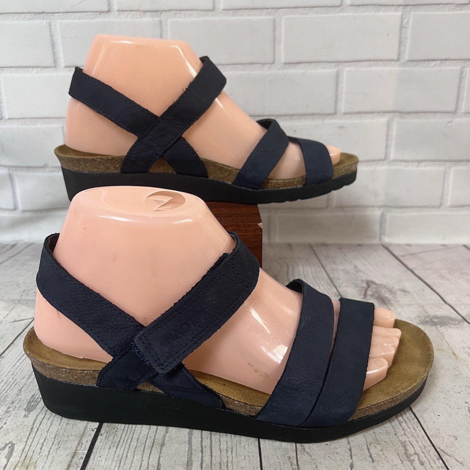 NAOT Kayla Women’s Navy Blue Nubuck Leather Comfort Wedge Sandals EU 38 US 7