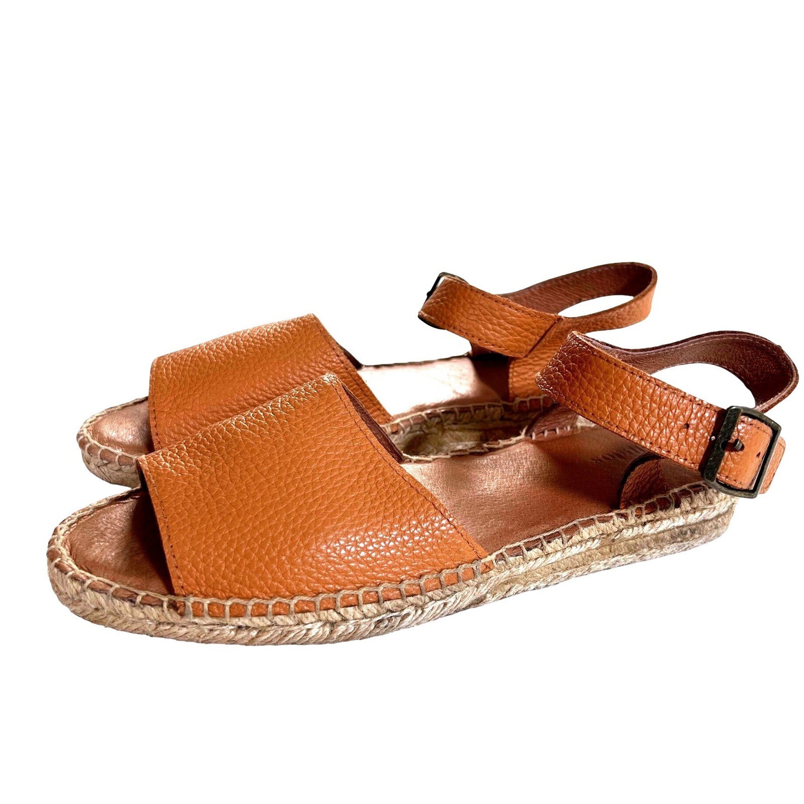 Soludos Womens Tan Pebbled Leather Ankle Strap Espadrille Sandals Size 7.5 Flat