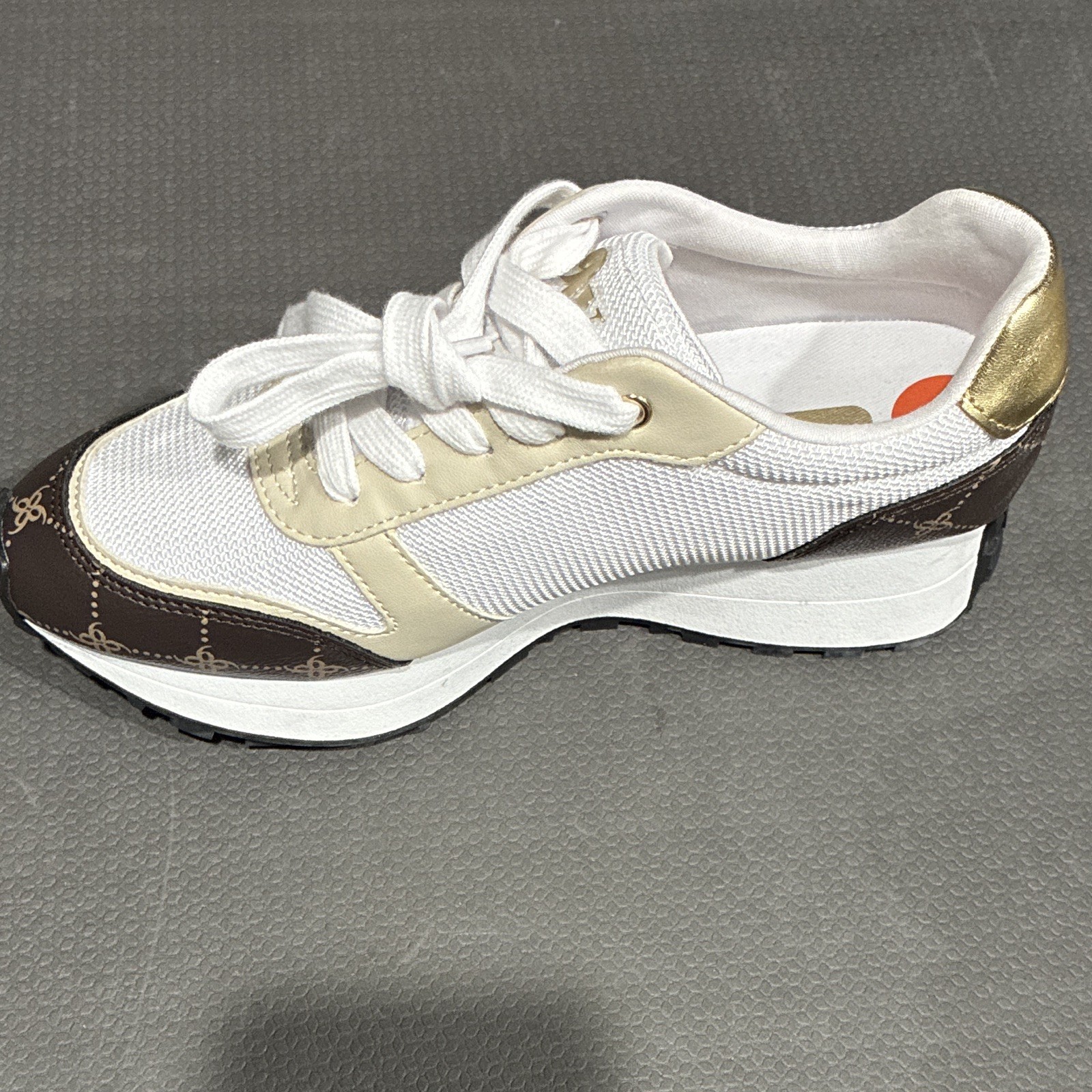 Nine West Women’s Low Top Athletic Sneakers White Brown Gold Lace-Up Textile