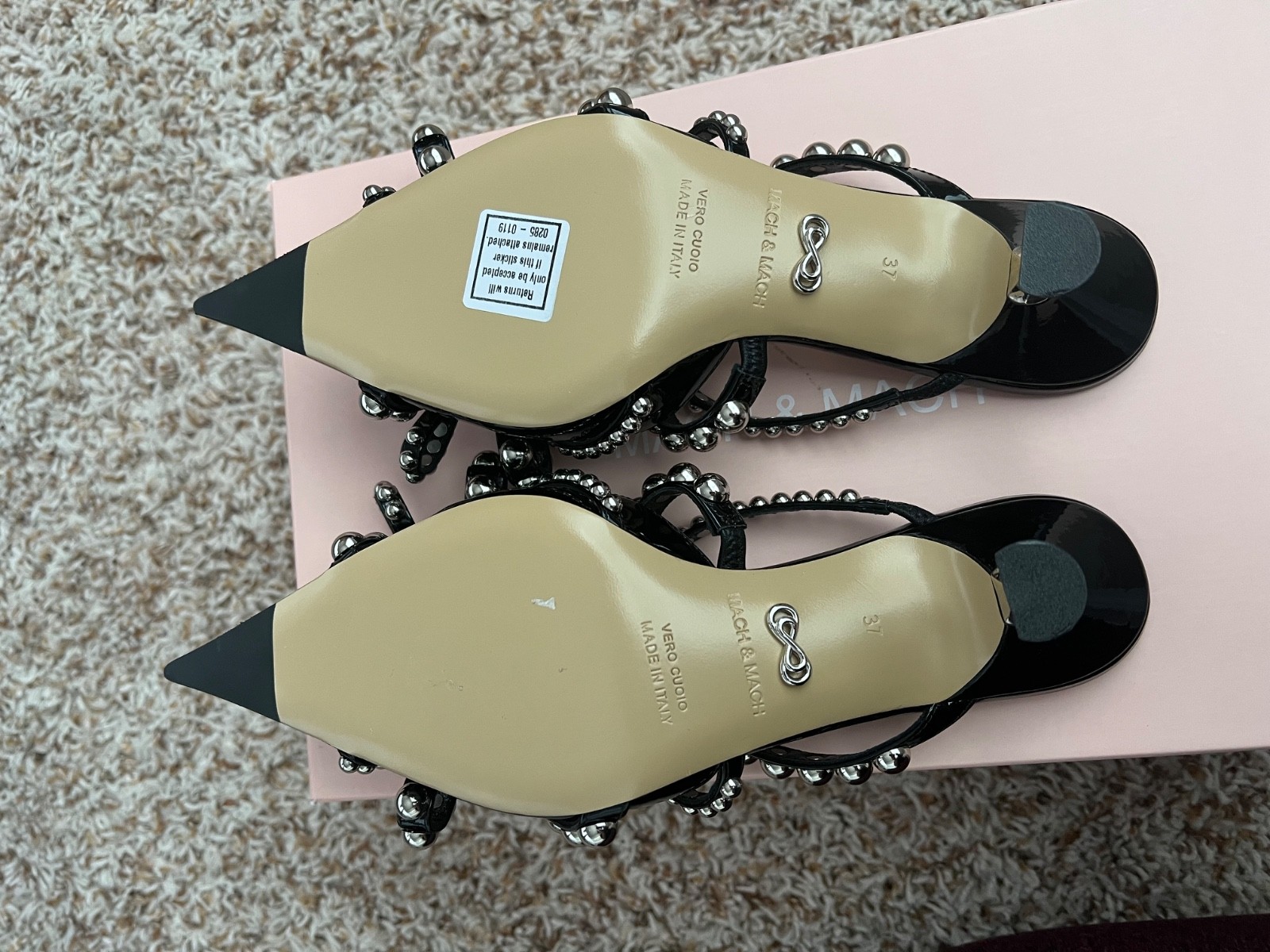 Mach & Mach Black Patent Leather Mules, Sz 37. BNIB. Stunning and Sparkly