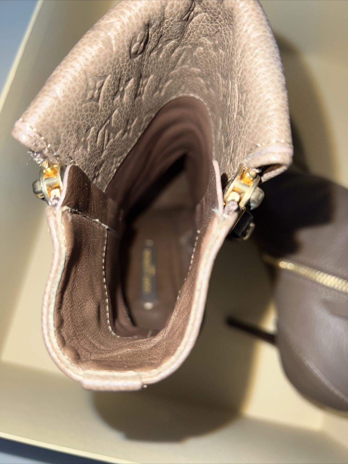 LOUIS VUITTON LV Logo Double Zipper Taupe Leather Gold Hardware Boots Booties 36