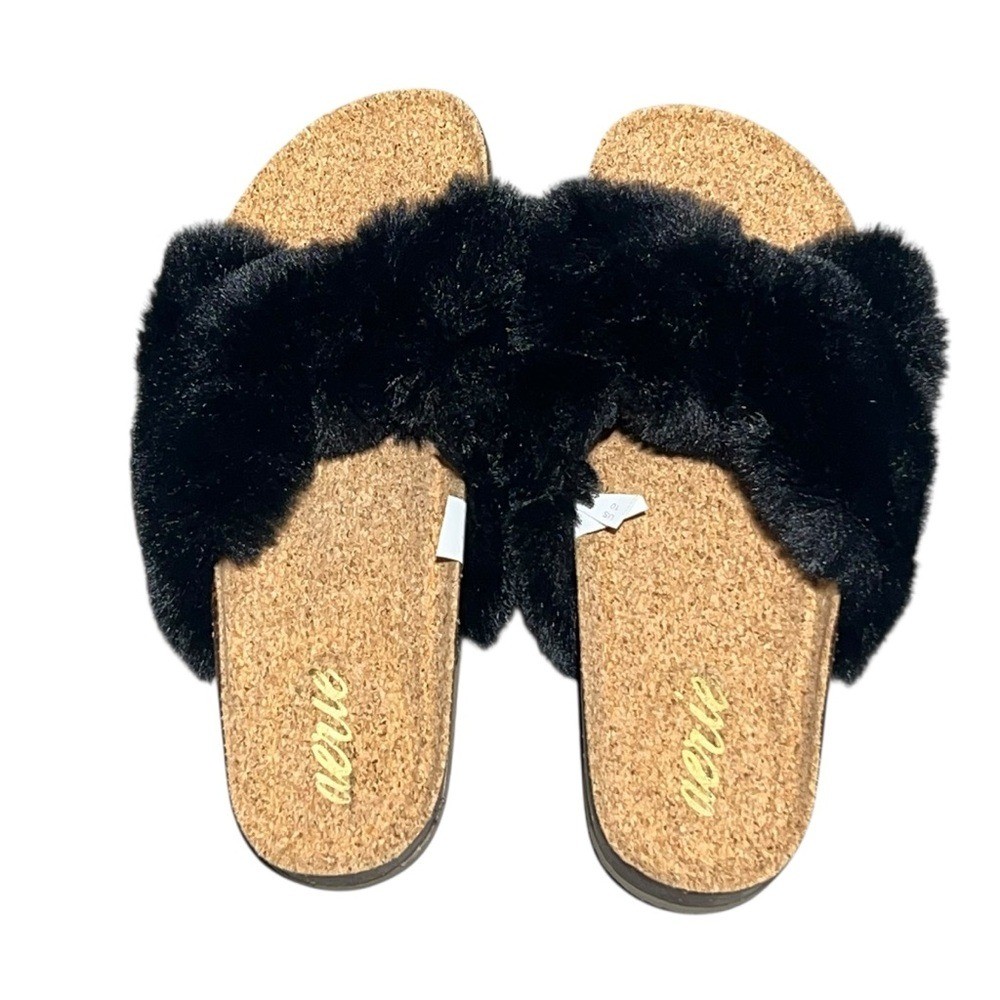 Aerie Black Cross Over Faux Fur Slippers Slip On Size 10 NWOT