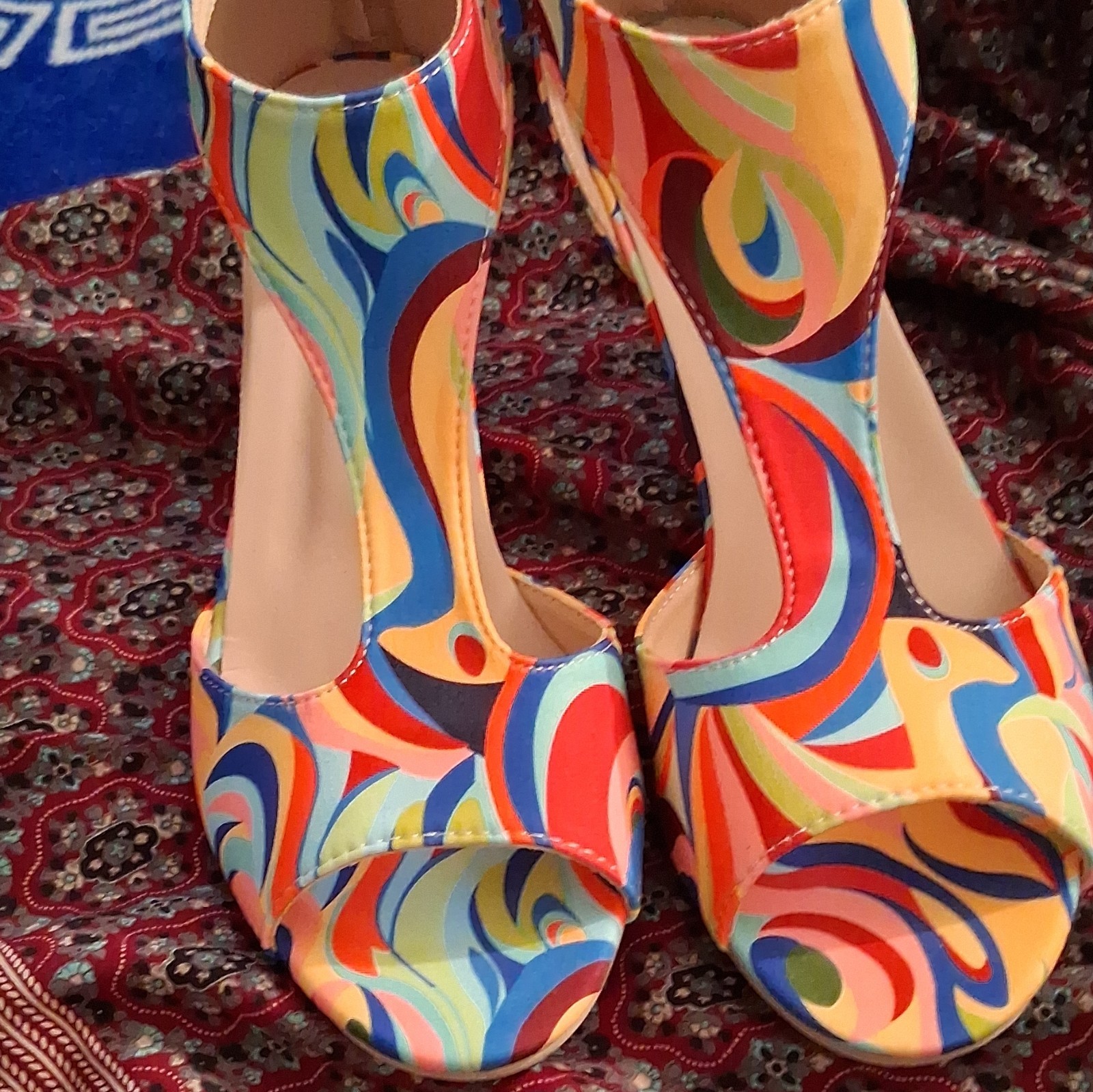 Women’s Multicolor Abstract Print Open Toe Pump Heels Back Zip US 9