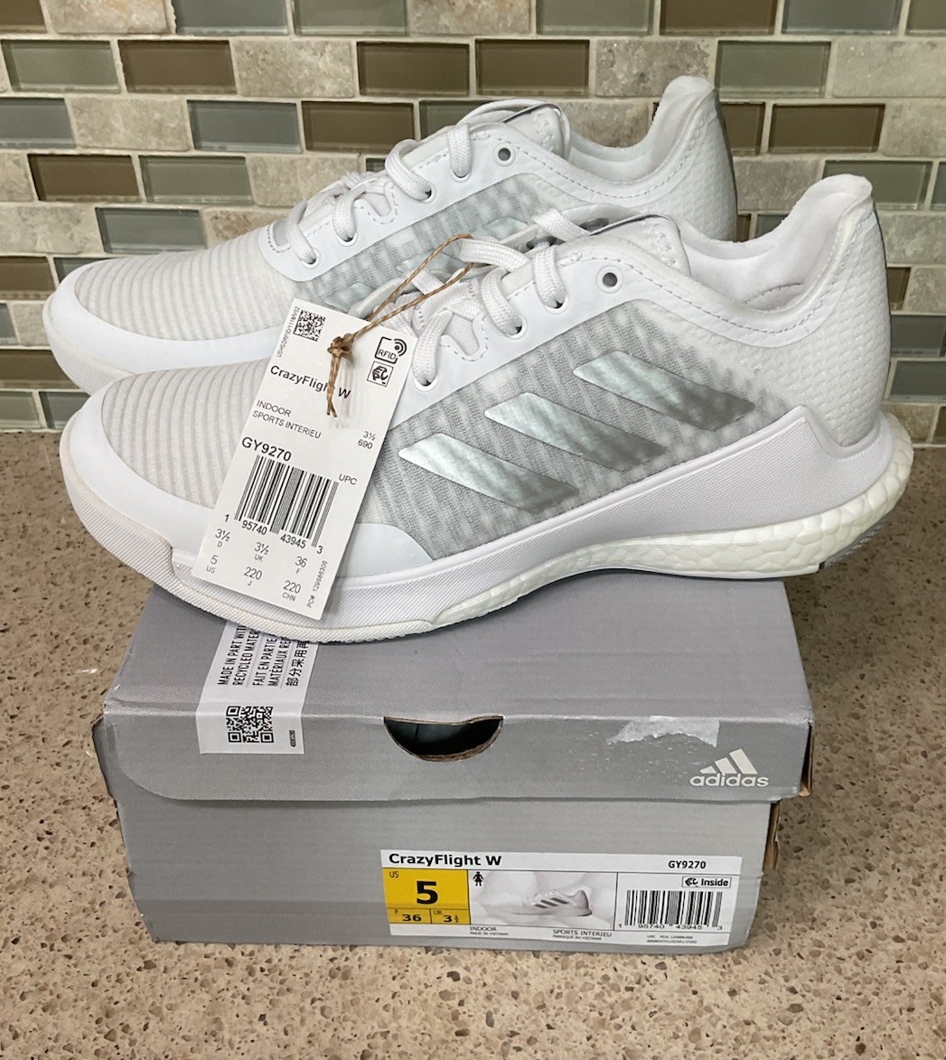 Womens Adidas Crazy Flight Sneakers Size 5 White Gray Volleyball New