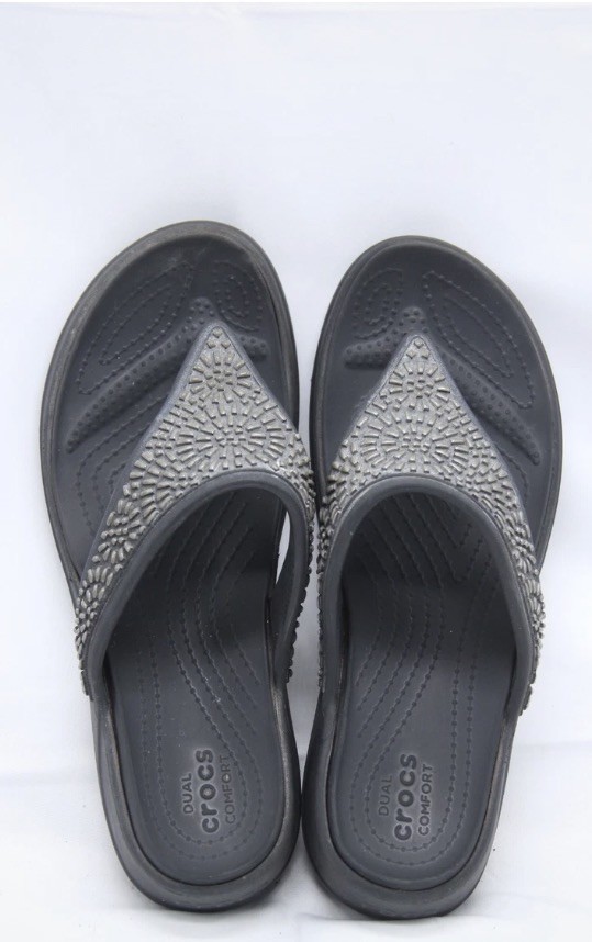 Crocs Monterey Diamante Sandals Womens Size 9 Black Stone Slip On Thong Wedge